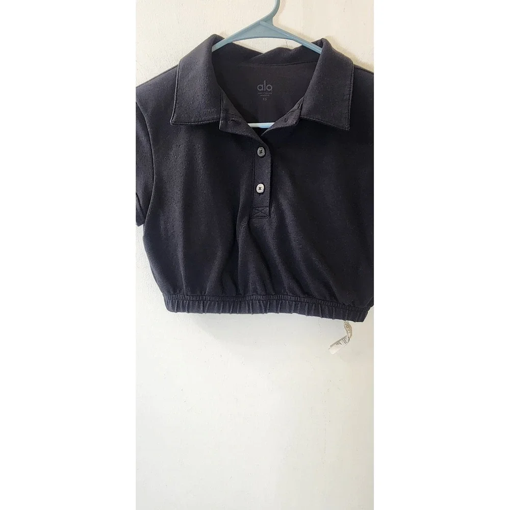 Alo Yoga Women Black Cropped Polo Shirt Elastic Hem Short Sleeve XS